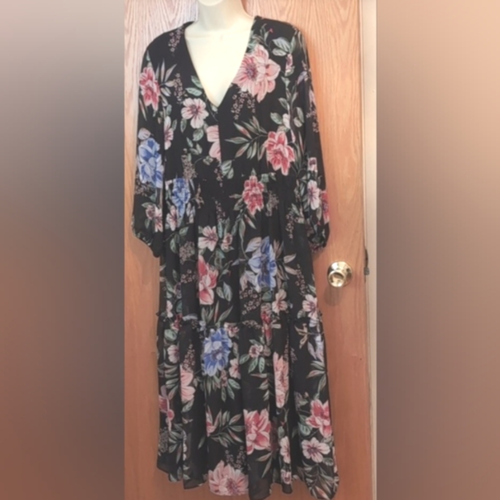 Chiffon Floral Black Maxi dress With Long Sleeves